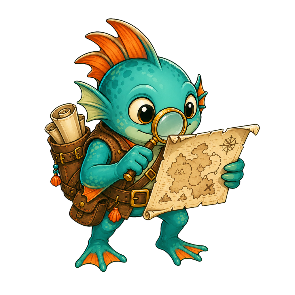 Finly mascot - examining a scroll